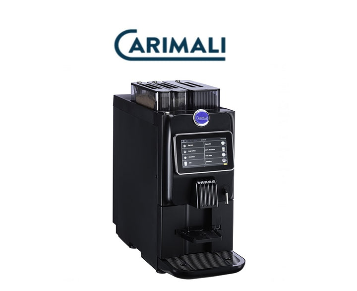 Black coffee machine with Carimali branding on a white background