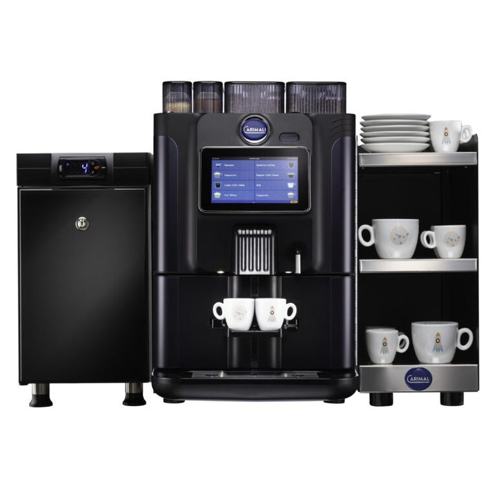 Commercial coffee machine with a display screen, surrounded by white cups and a shelf on a white background.