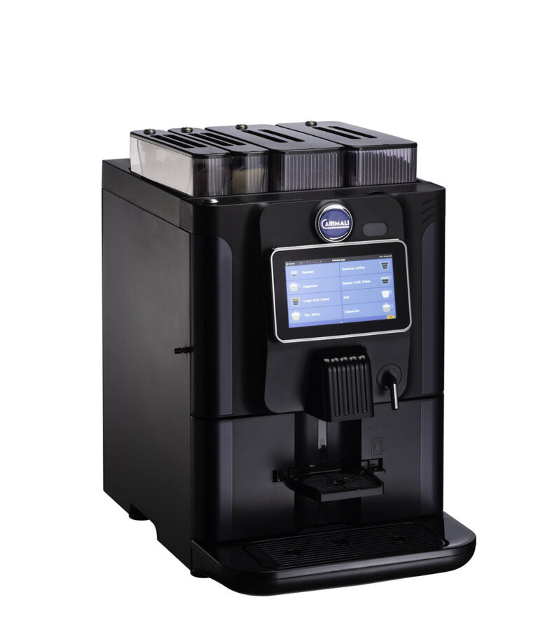 Black coffee machine with a digital display on a white background