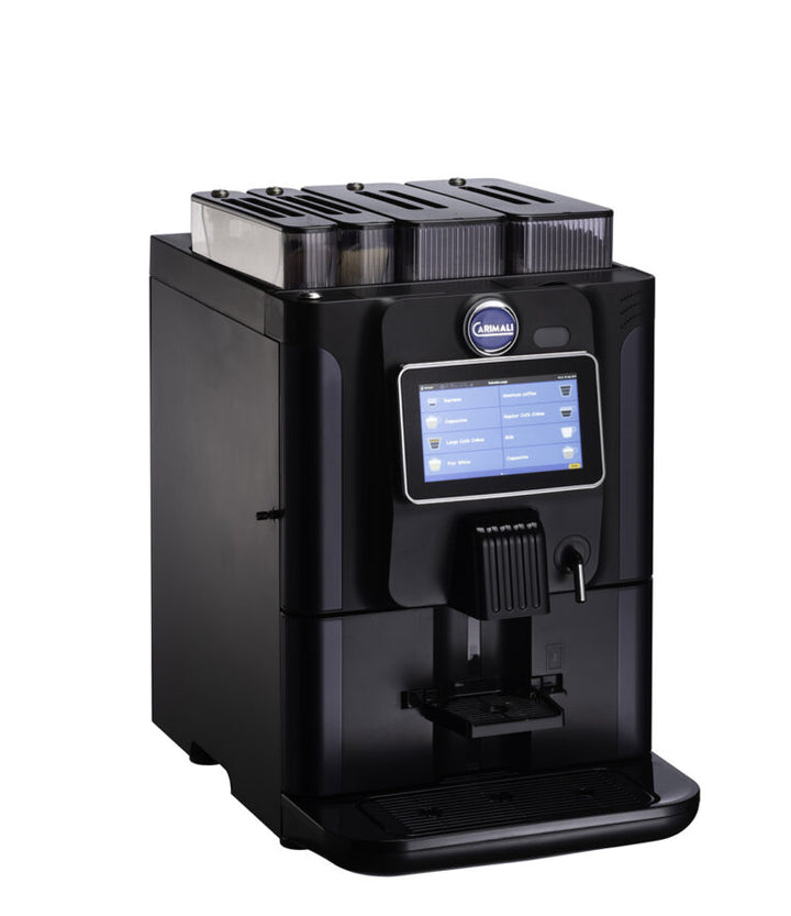 Black coffee machine with a digital display on a white background