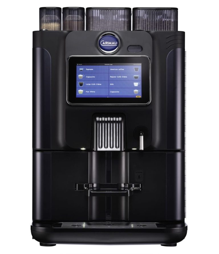 Black coffee machine with a digital display on a white background