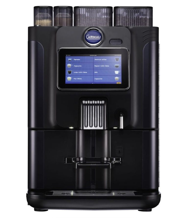 Black coffee machine with a digital display on a white background
