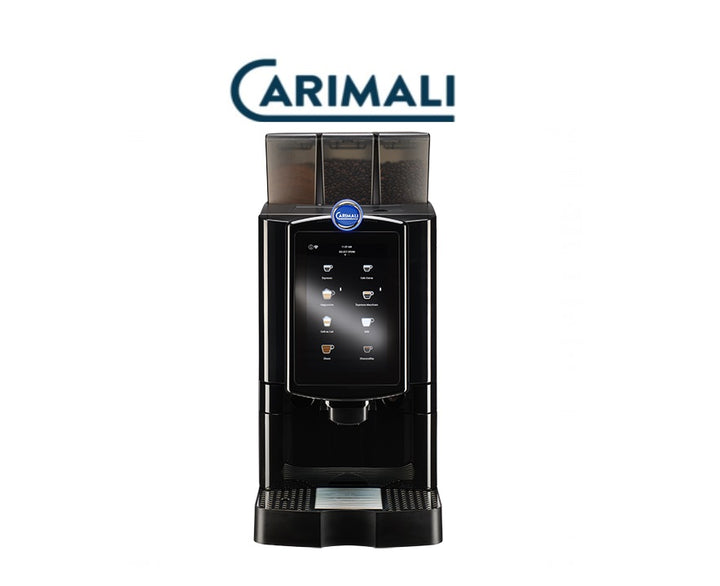 Black coffee machine with Carimali logo on a white background
