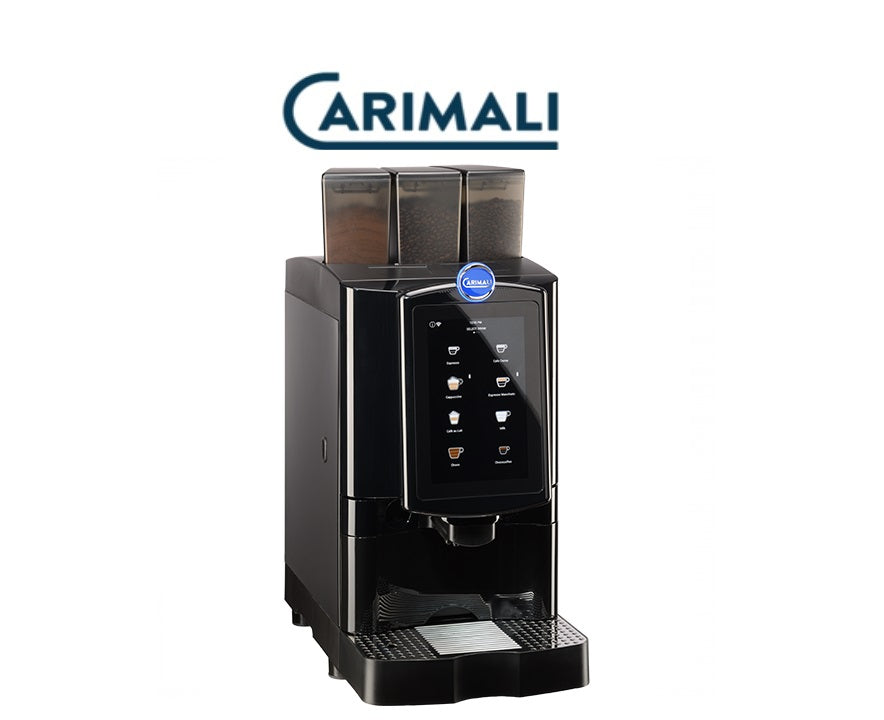 Black coffee machine with Carimali branding on a white background