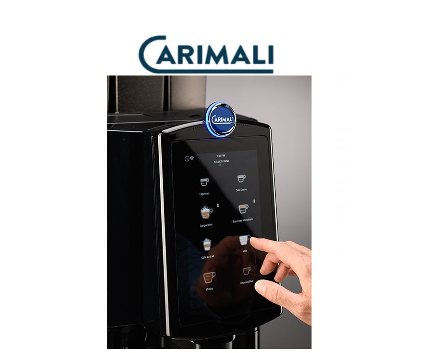 Carimali coffee machine with a hand pressing a button on the touch screen.