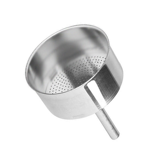 A stainless steel Bialetti moka pot funnel with a perforated section and a handle on the bottom.