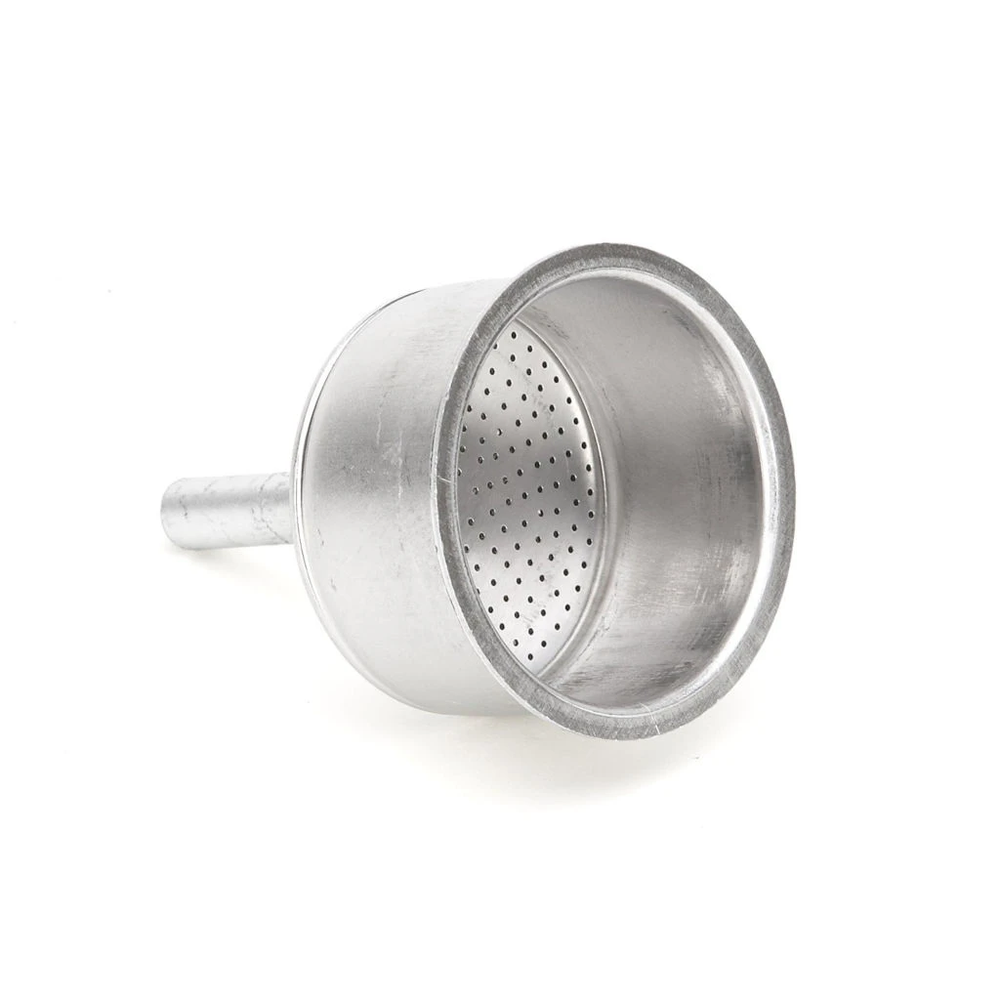 A stainless steel Bialetti moka pot funnel with a perforated section and a handle on the botton.