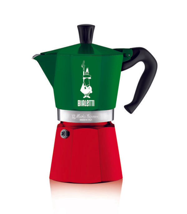A Bialetti Moka Express stovetop espresso maker with a green upper half and red lower half.
