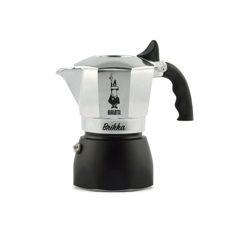 A Bialetti Brikka stovetop espresso maker with a black base and silver upper half, featuring the Bialetti logo.