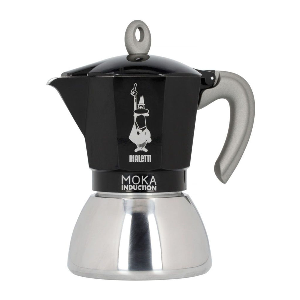 A Black Bialetti Moka Induction stovetop espresso maker with a silver aluminum top and base.