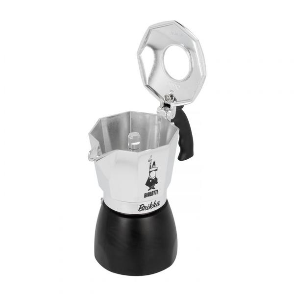 A Bialetti Brikka stovetop espresso maker with a black base and silver upper half, featuring the Bialetti logo.