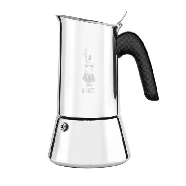 A Bialetti Venus stovetop espresso maker with a silver body and black handle.