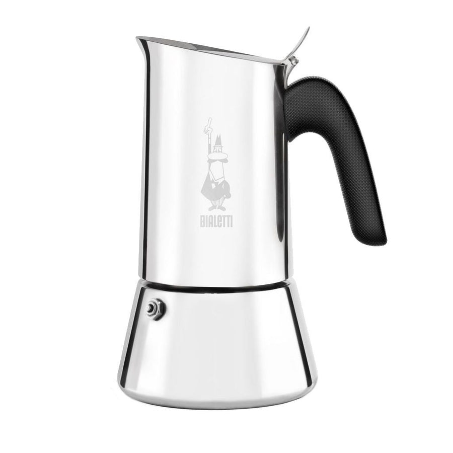 A Bialetti Venus stovetop espresso maker with a silver body and black handle.
