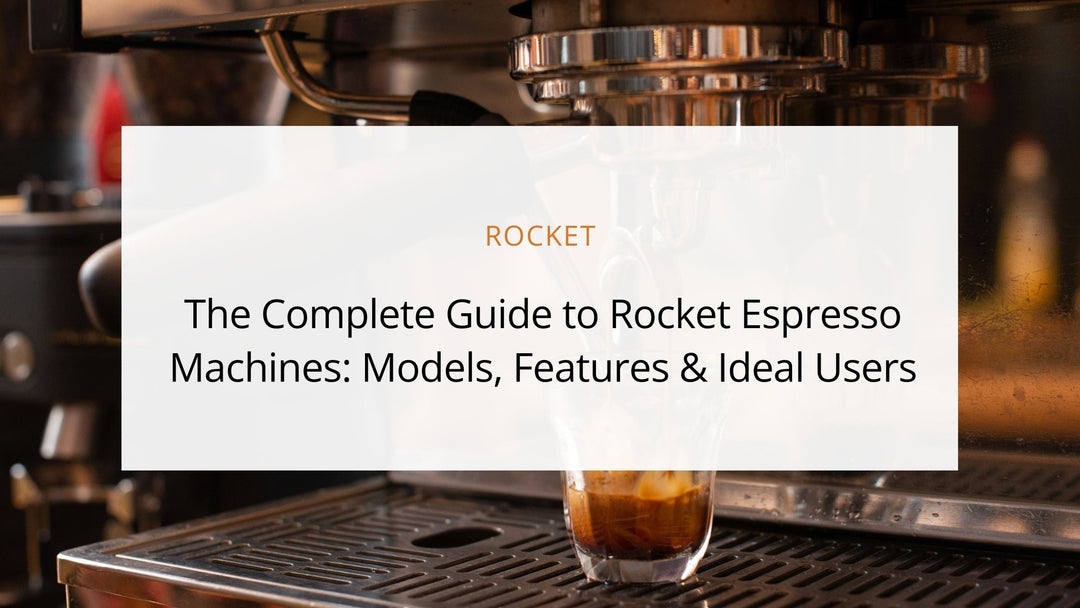 Rocket Espresso machine brewing coffee into a glass with guide title overlay.