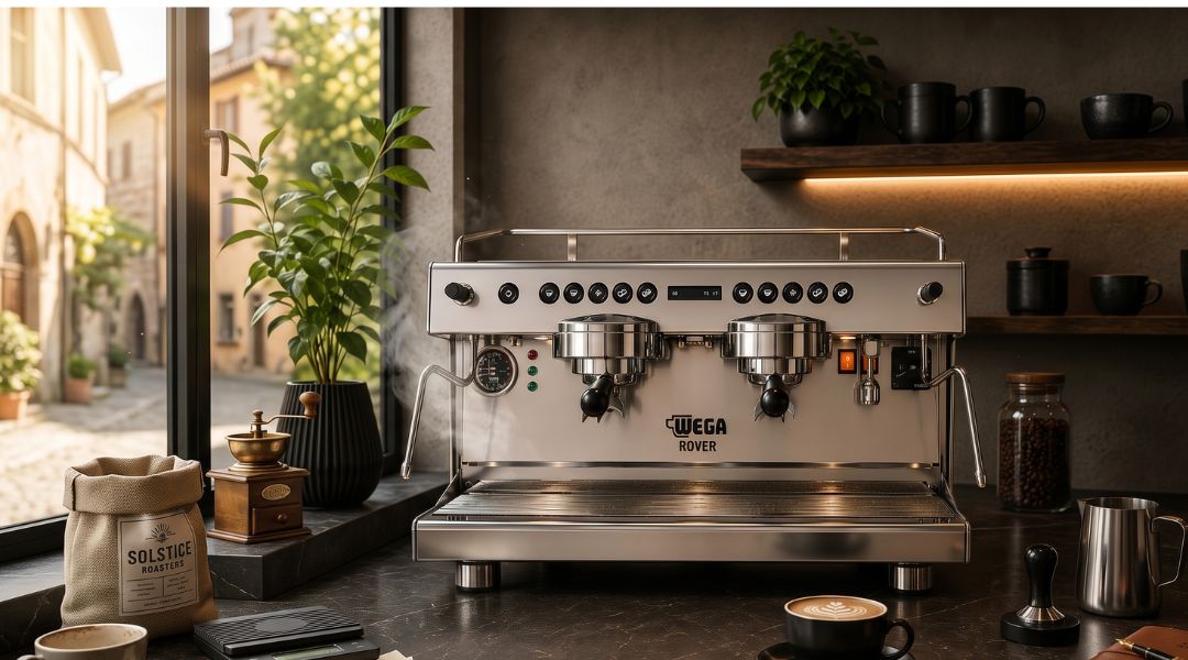 Wega Rover Espresso Machine sitting on wooden countertop in Coffee Shop next to window with coffee accessories around it
