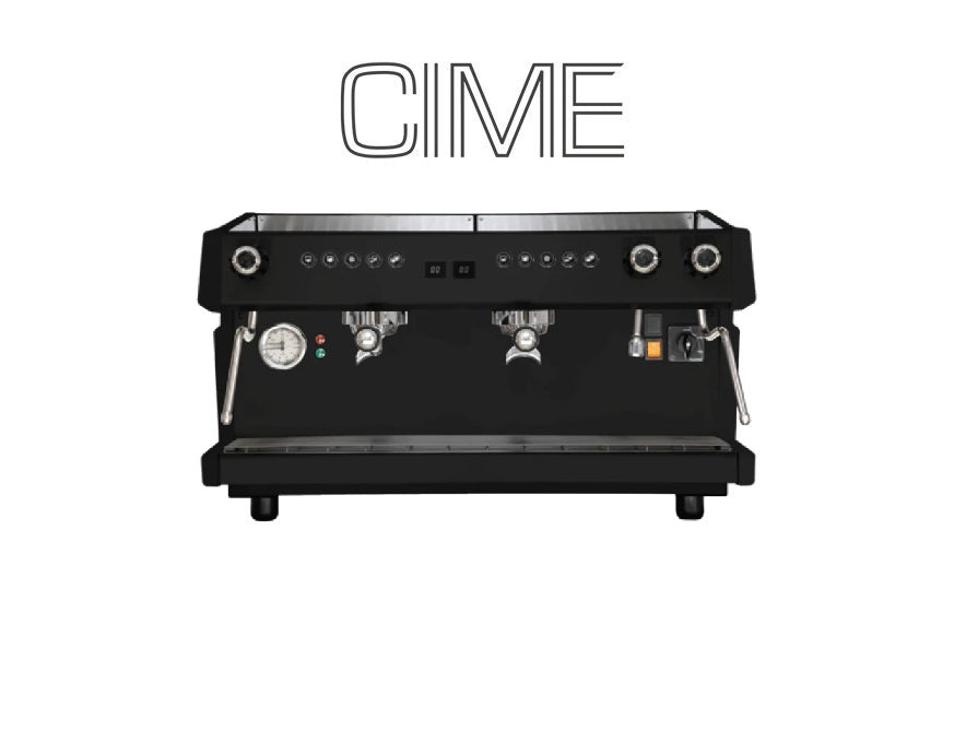 Black CIME espresso machine on a white background