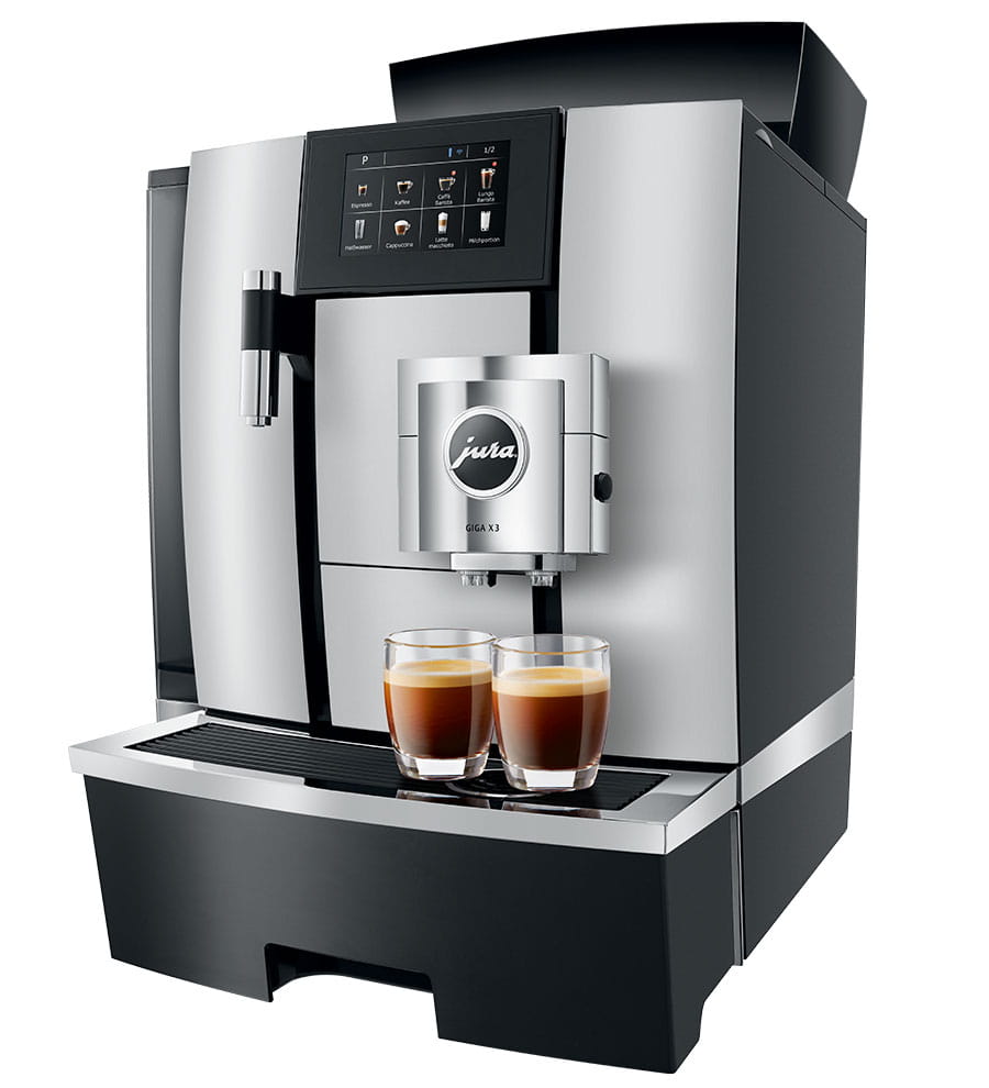 Jura Giga X3 bean-to-cup coffee machine brewing two espressos – premium automatic coffee solution for offices and hospitality settings.
