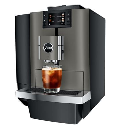 Jura X10 bean-to-cup coffee machine dispensing iced coffee – professional-grade brewer with intuitive touch display and sleek black finish.