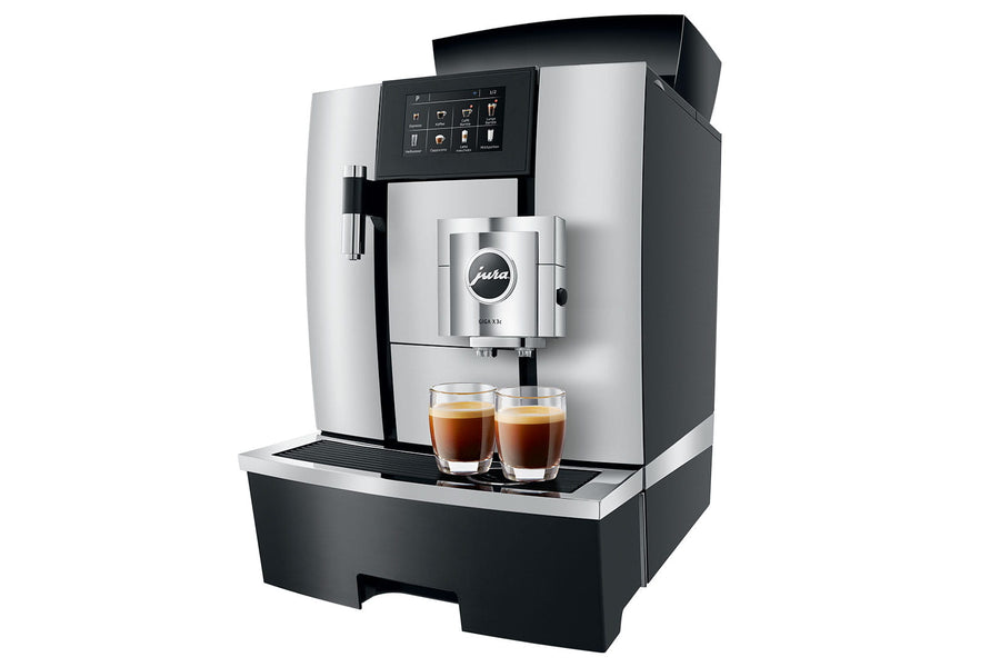 Jura Giga X3c bean-to-cup coffee machine with two espressos – professional-grade automatic brewer with touch display and sleek chrome finish.