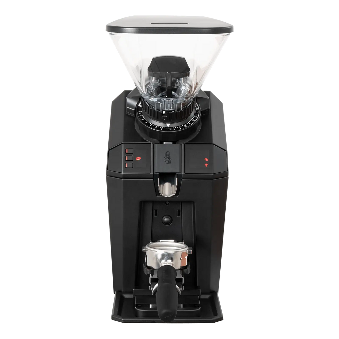 LaMarzocco Black coffee grinder with clear container on a white background