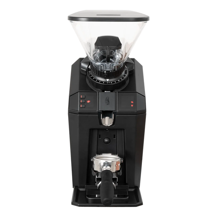 LaMarzocco Black coffee grinder with clear container on a white background