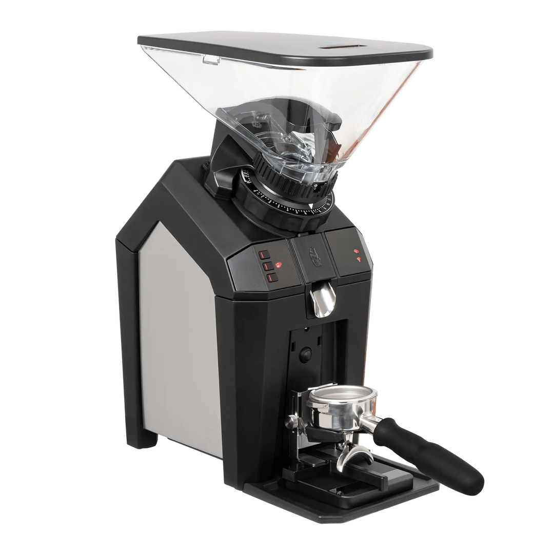 Coffee grinder with clear top cover on a white background