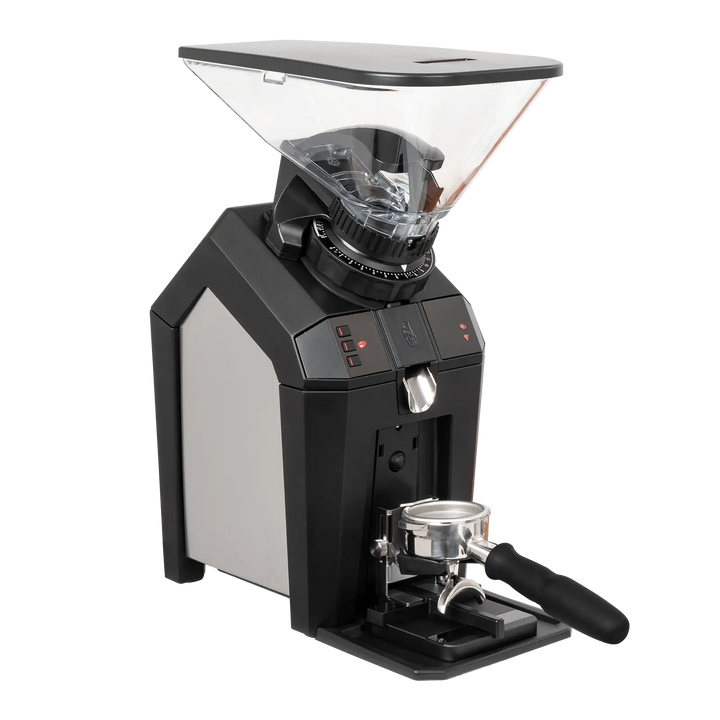 Coffee grinder with clear top cover on a white background