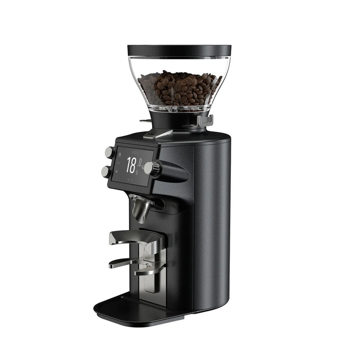 Black coffee grinder with digital display on a white background