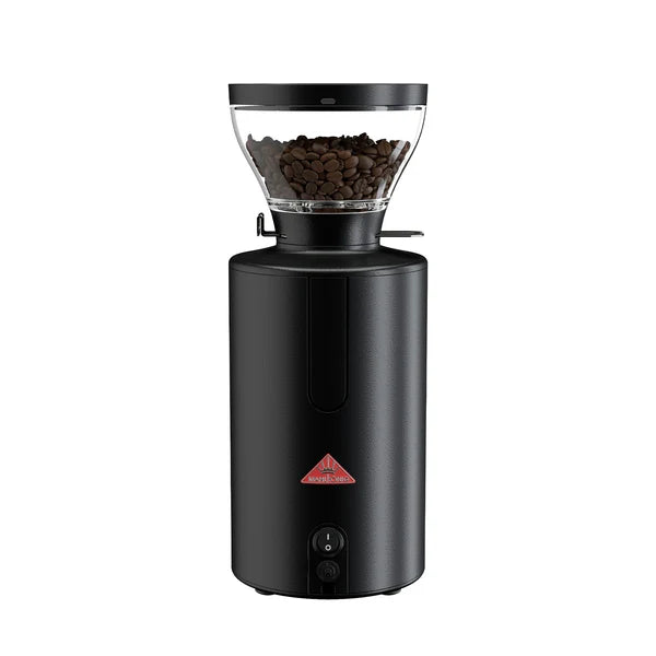 Black coffee grinder with a clear container of coffee beans on a white background