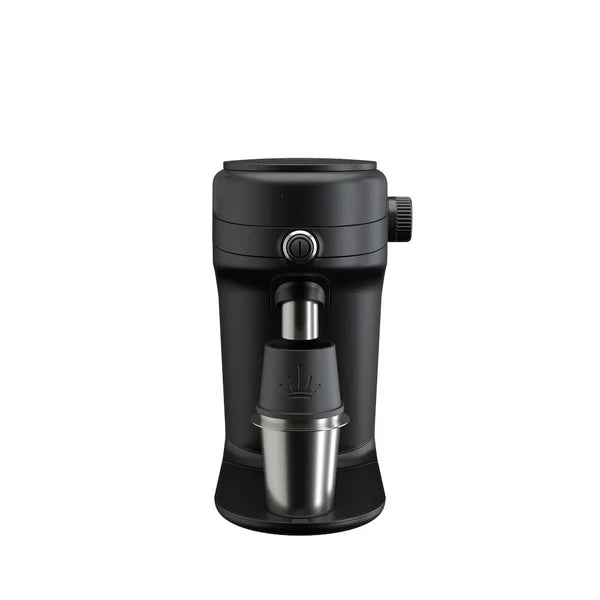 Black coffee maker with a silver component on a white background