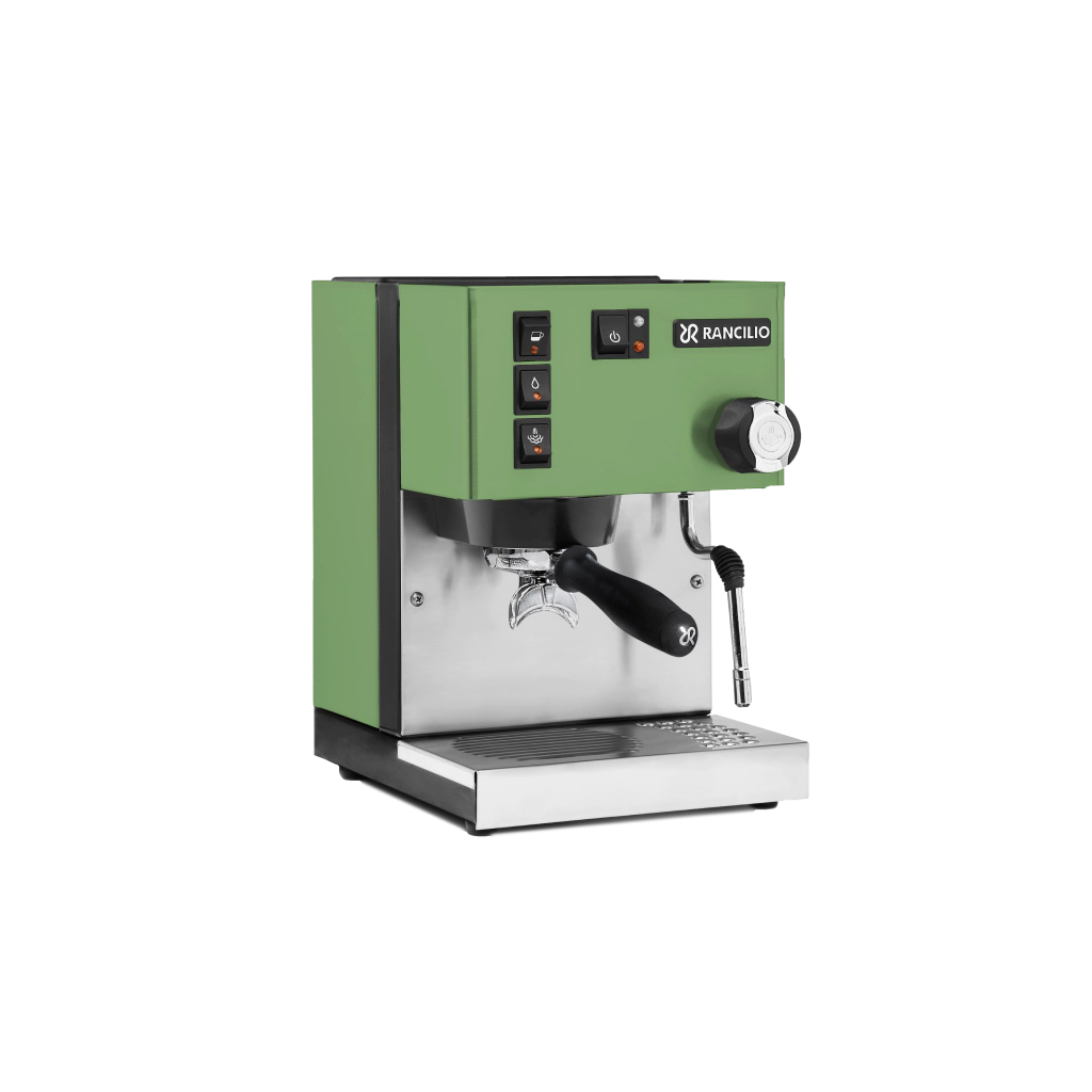 Green Rancilio coffee machine on a white background