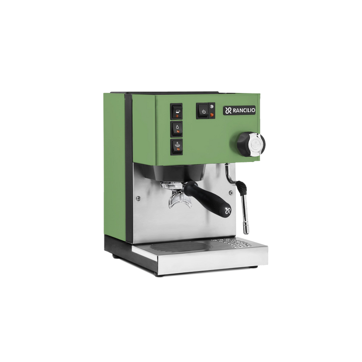 Green Rancilio coffee machine on a white background