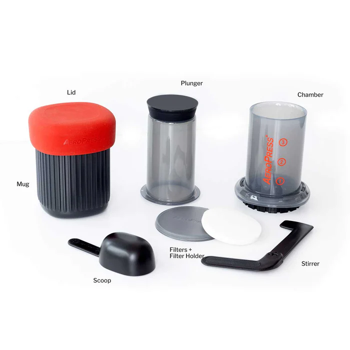 AeroPress Go complete set with labeled parts – includes mug, lid, plunger, chamber, scoop, stirrer, and filters with holder for compact coffee brewing.
